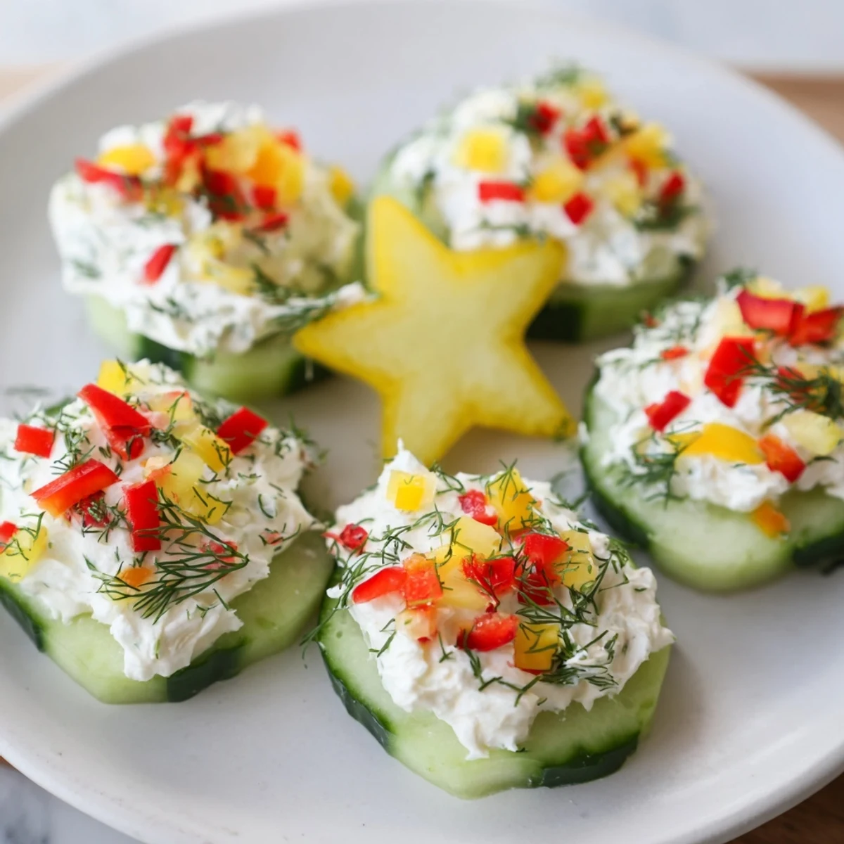 Close-up of Holiday Star Cucumber Bites, showcasing star-shaped cucumber and creamy, flavorful cream cheese filling.