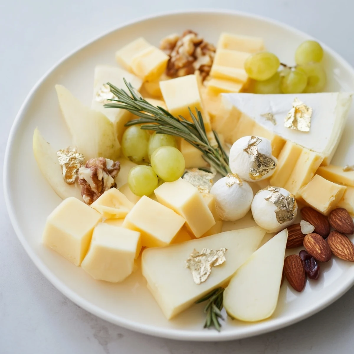 A gorgeous Gold and Silver Cheese Cube Board with festive cheeses and fresh fruit arranged beautifully.