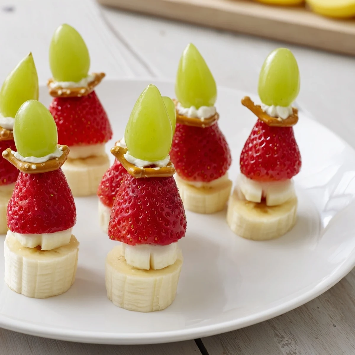 Festliche Elf-Hut Erdbeerspieße mit frischen Erdbeeren, Bananen, und Trauben, eine bunte Leckerei.