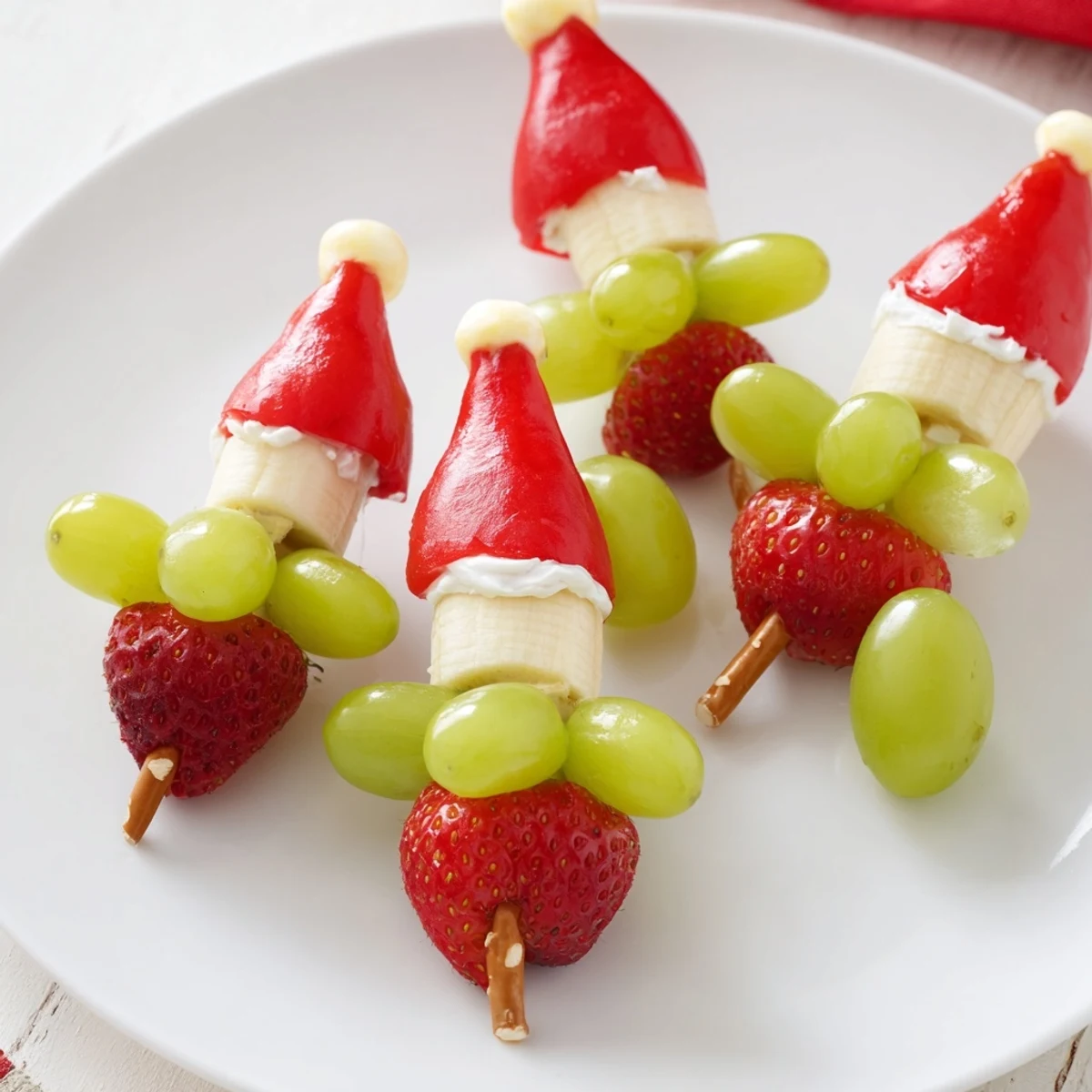 Nahaufnahme von Elf-Hut Erdbeerspießen: Saftige Erdbeeren, Bananenscheiben und Trauben als Snack.