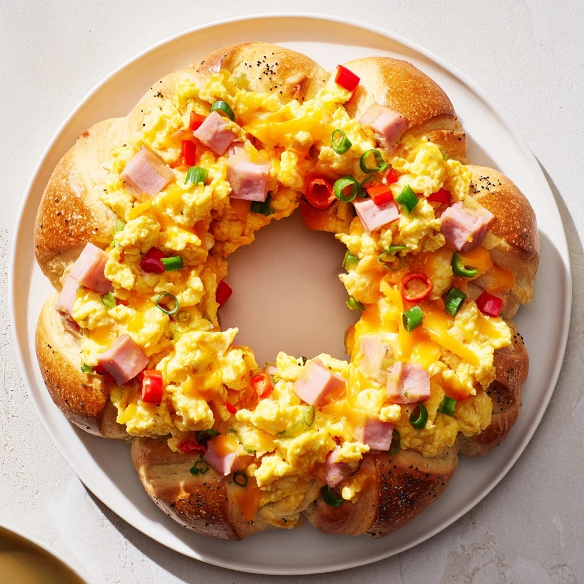 Fluffy, golden brown Wreath-Shaped Egg and Ham Bake, perfect for a savory brunch with family and friends.
