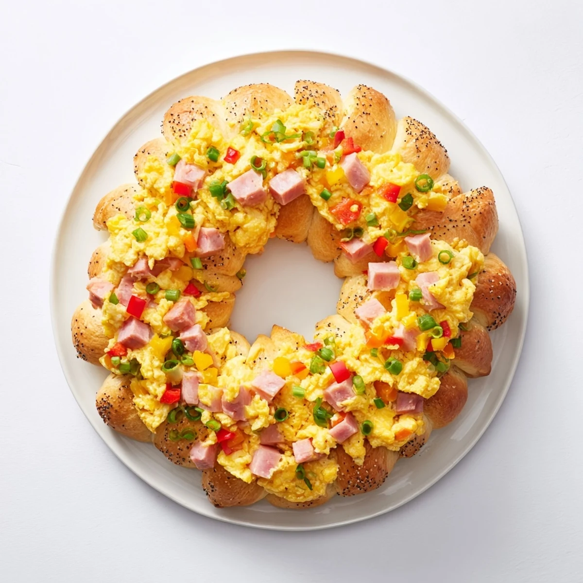 Homemade Wreath-Shaped Egg and Ham Bake ready to serve, a beautiful and easy American brunch dish.