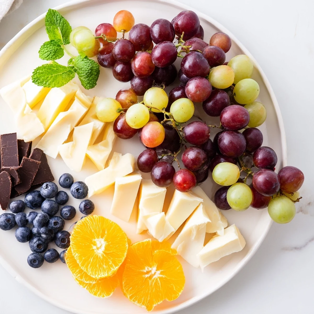 Vibrant Grapes of Fortune Dessert Board with cheese, chocolate, and cookies for a New Year's treat.