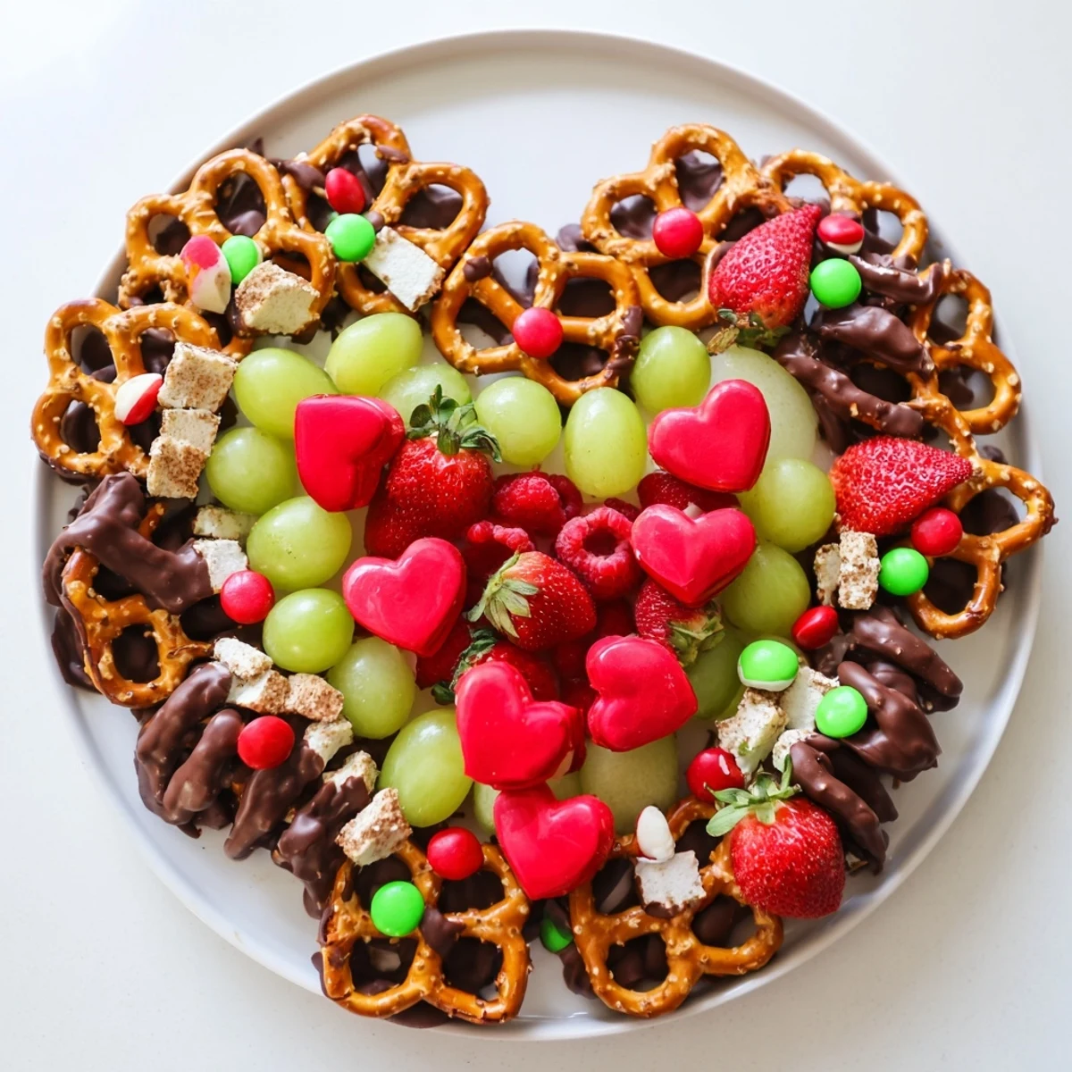 Festive The Grinch's Heart Pretzel Board with pretzels, fruits and colorful candies perfect for a holiday snack.