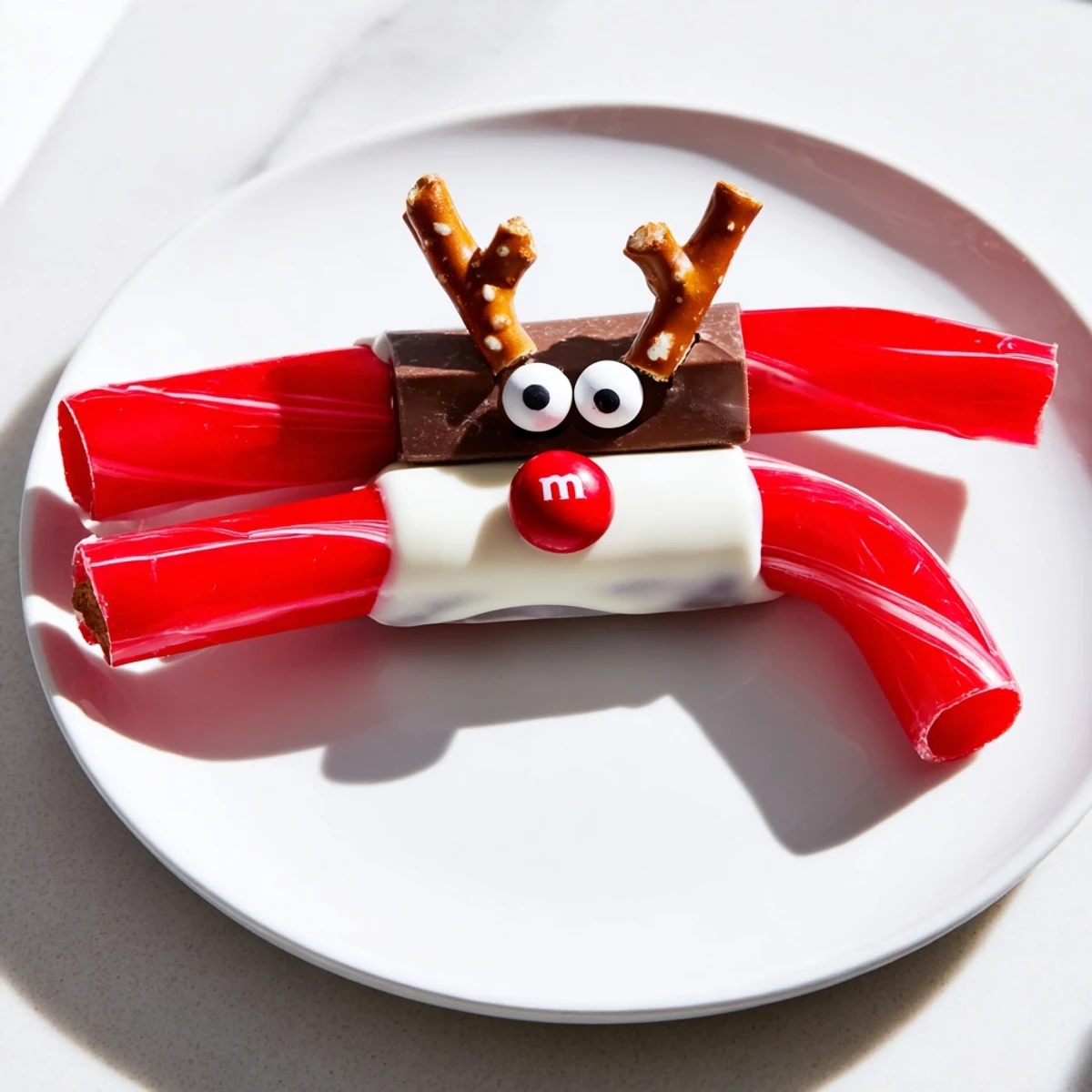 Festive Rudolph Candy Cane Sleds, with red noses and pretzel antlers, look so fun and delicious!