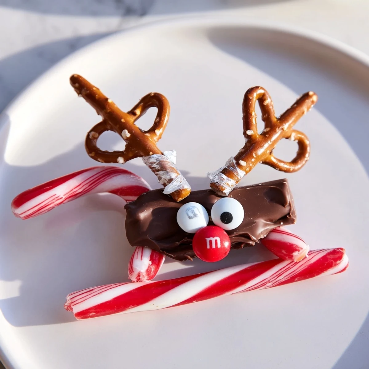 Sweet and colorful Rudolph Candy Cane Sleds: a close-up of the easy-to-make holiday dessert.