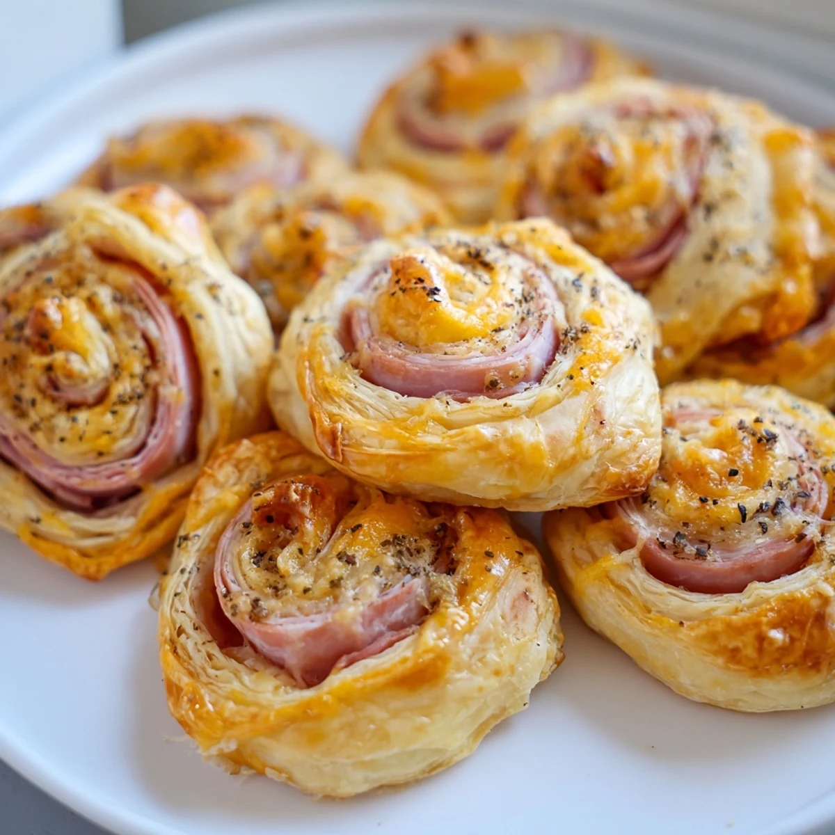 Golden and crispy savory ham and cheese pinwheel rolls, perfect party finger food.