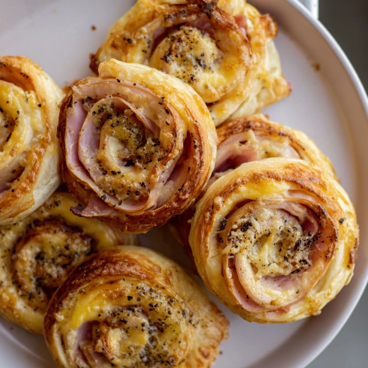 Flaky layers of puff pastry with ham and cheese: a quick appetizer of pinwheel rolls.