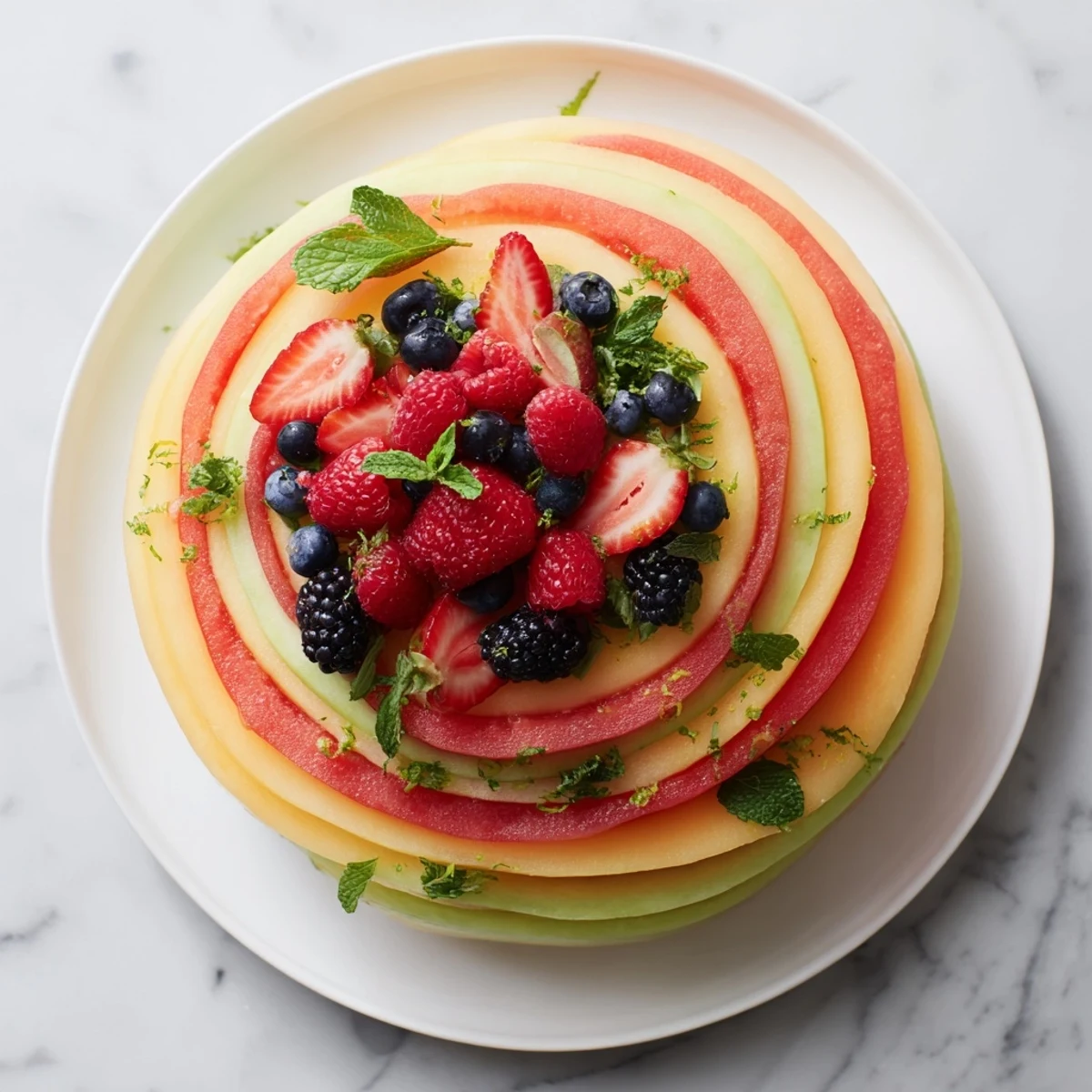 A colorful fruit platter, showcasing concentric circles of melon and vibrant berries, perfect for summer.