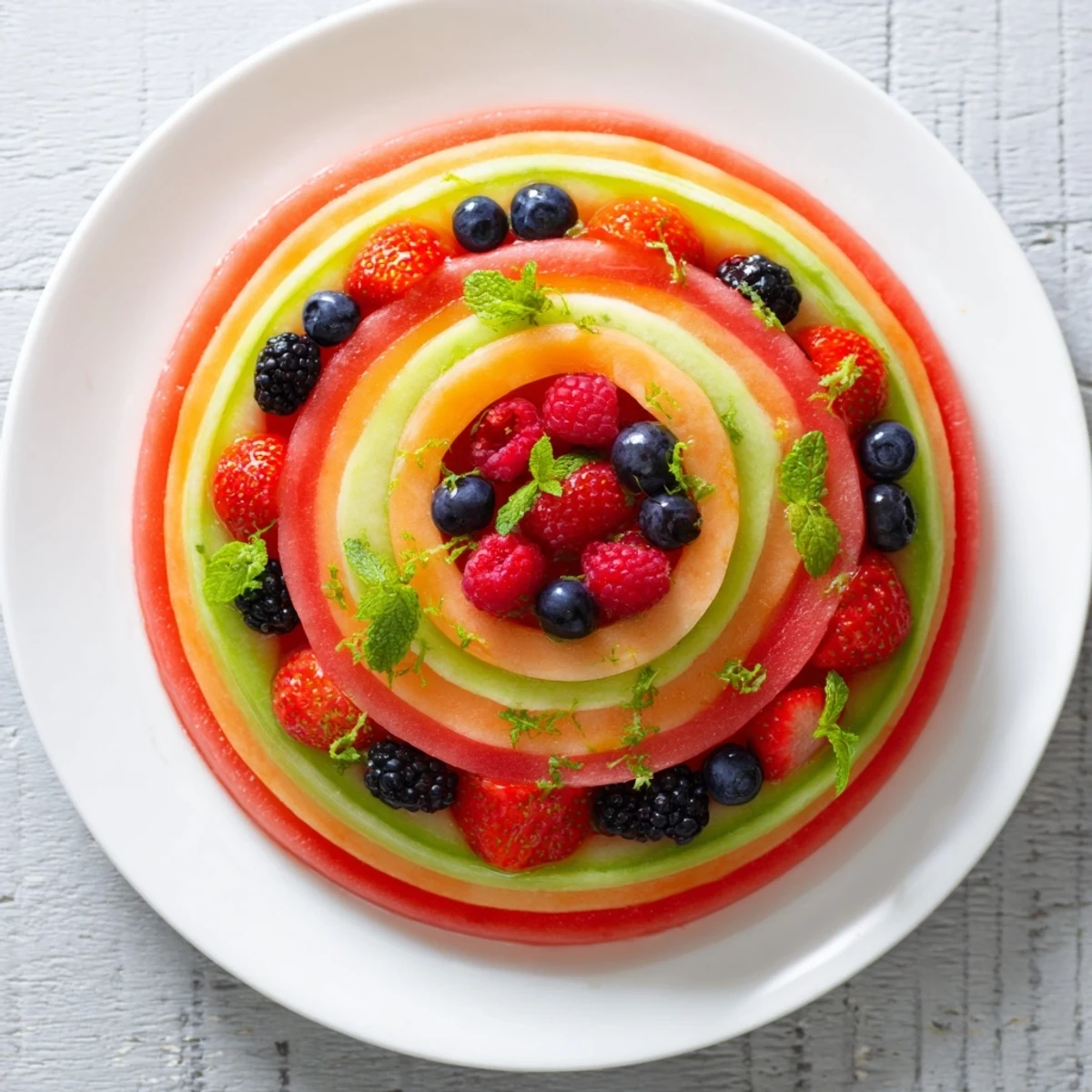This fruit platter features juicy melon and berries artfully arranged for a stunning brunch centerpiece.