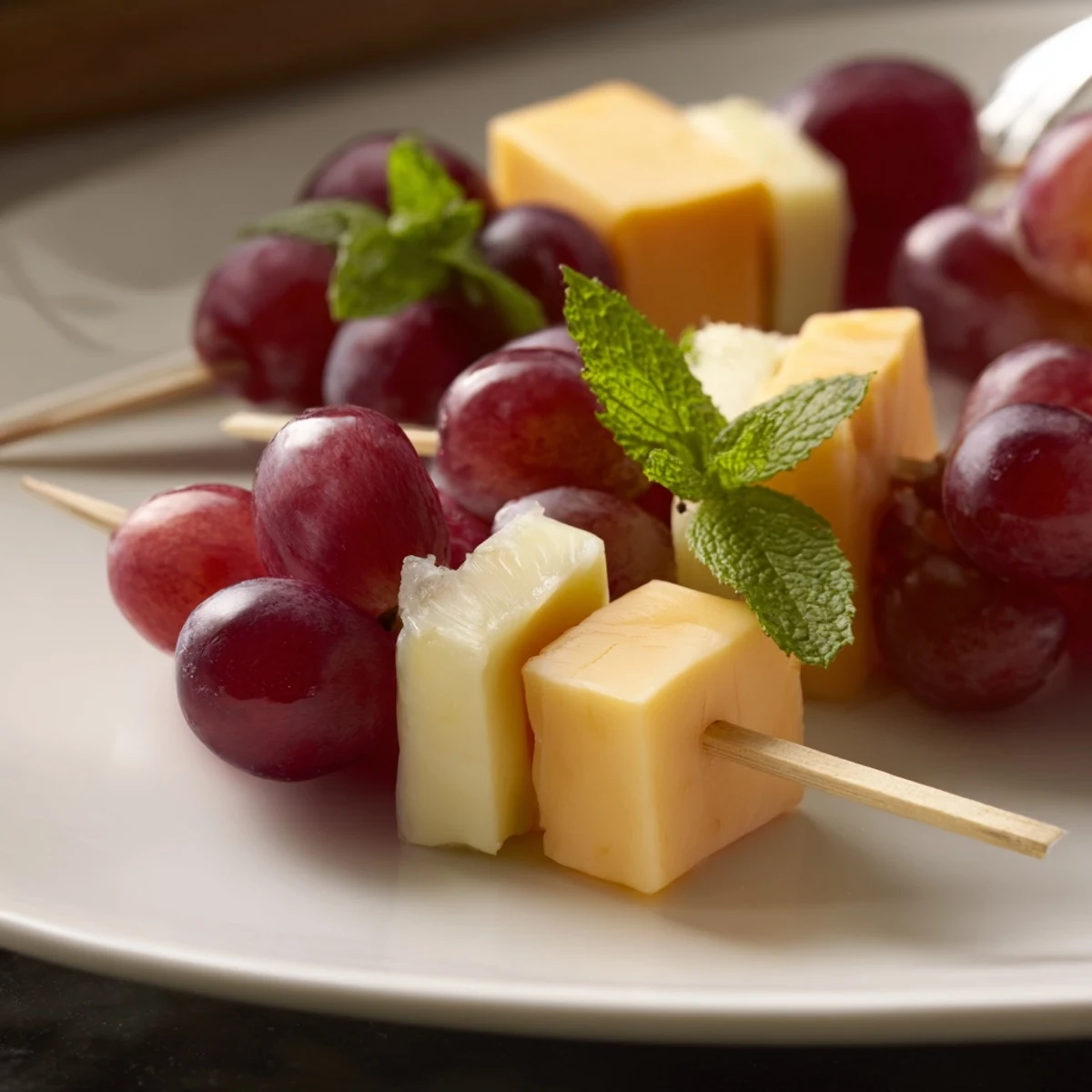 Frische Käse- und Traubenspieße auf einer Servierplatte, ein einfacher, köstlicher Snack für Gäste.