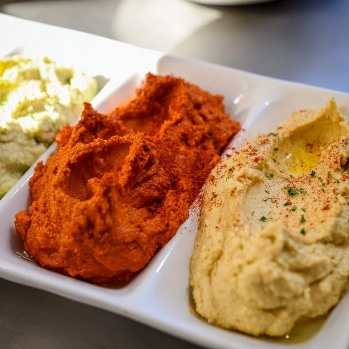 Colorful Dip Trio: avocado, red pepper, and turmeric hummus dips served with fresh vegetables.