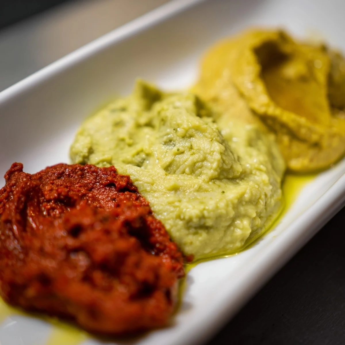A beautifully arranged Dip Trio: creamy avocado, smoky red pepper, and golden turmeric hummus appetizers.