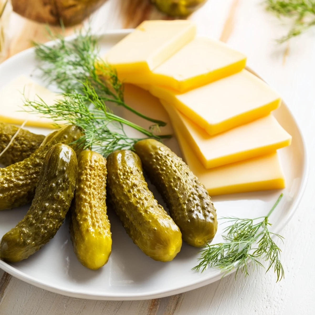 Knackige Dill-Pickles und cremiger Käse, angerichtet für einen köstlichen amerikanischen Appetithappen.