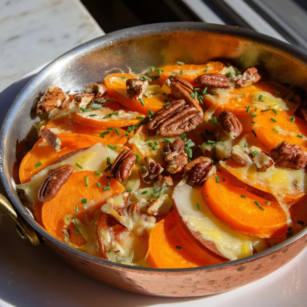 Roasted "Copper Penny Warmth" appetizer in a copper ramekin, featuring golden cheddar and sweet roasted vegetables.