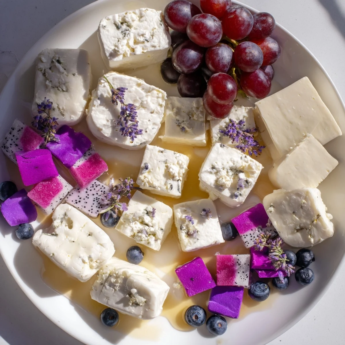 A dreamy Lavender Haze Dreamscape cheese board overflowing with creamy cheeses, fruits, and edible flowers, ready to serve.
