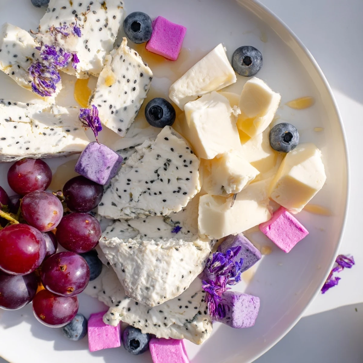 Delicate slices and arrangements within this Lavender Haze Dreamscape cheese board appetizer, a pastel, whimsical delight.