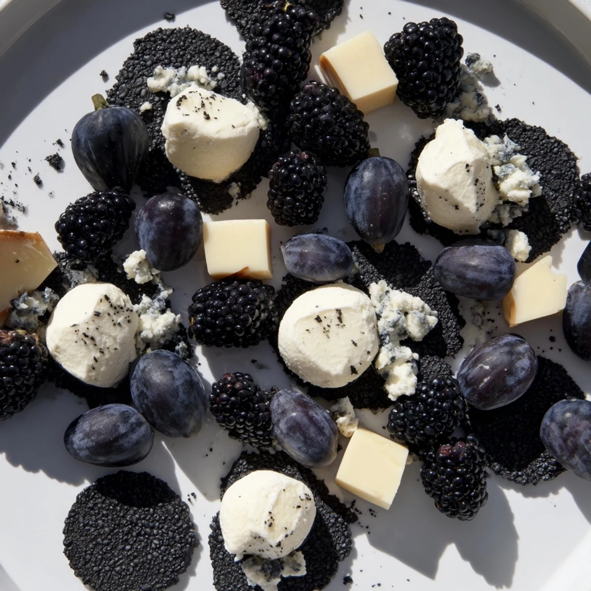 A Deep Indigo Midnight Sky cheese board, black fruits and creamy cheese mimic stars perfectly.