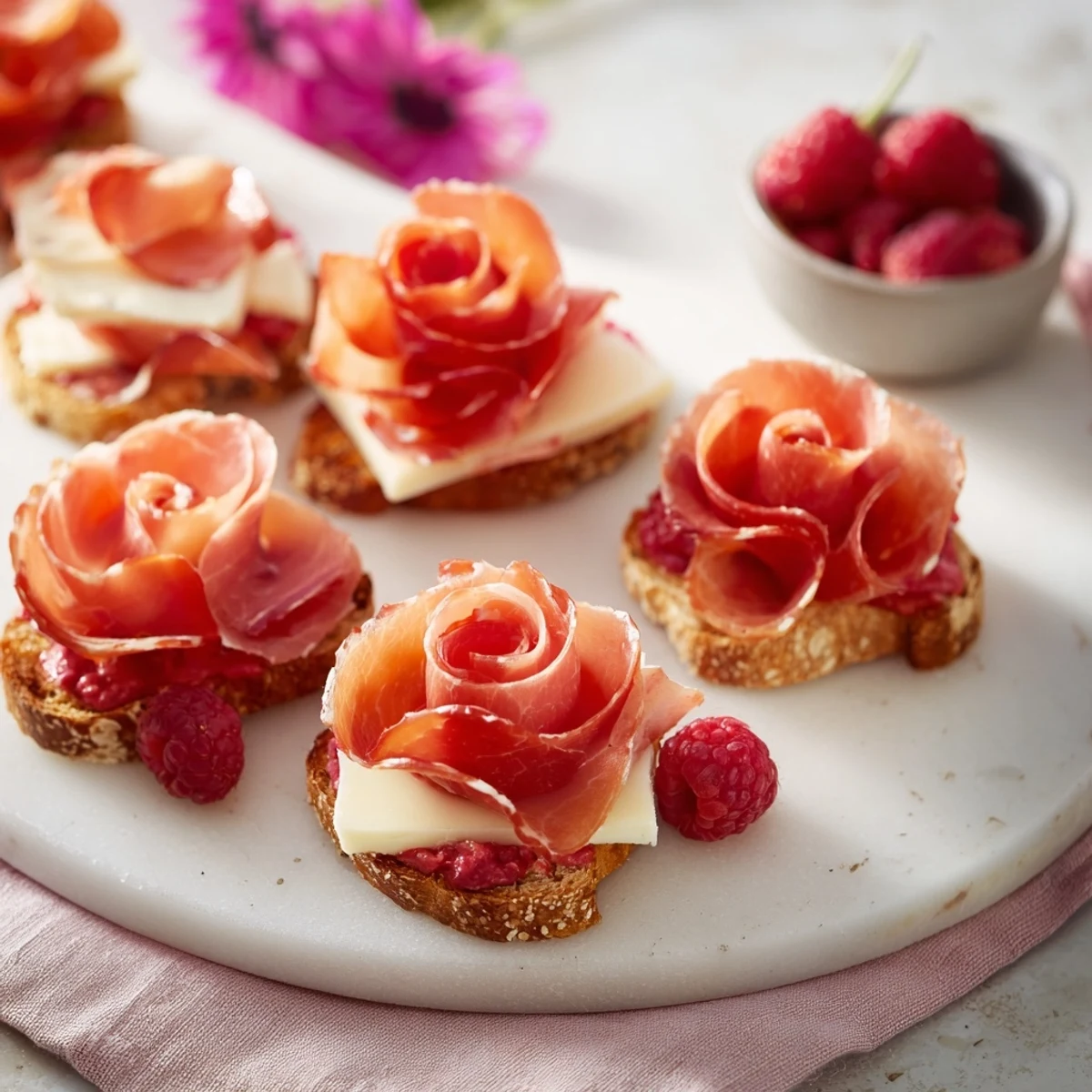 Appetizing Pink Petal Watercolor Wash platter, featuring prosciutto roses and vibrant pink cheeses.