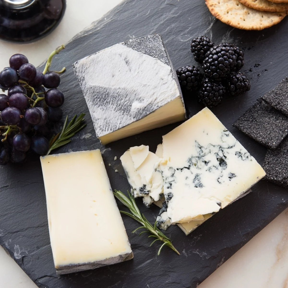 Artfully arranged monochrome gray stone cheese board, showcasing delicious ash-rinded cheeses and dark breads.