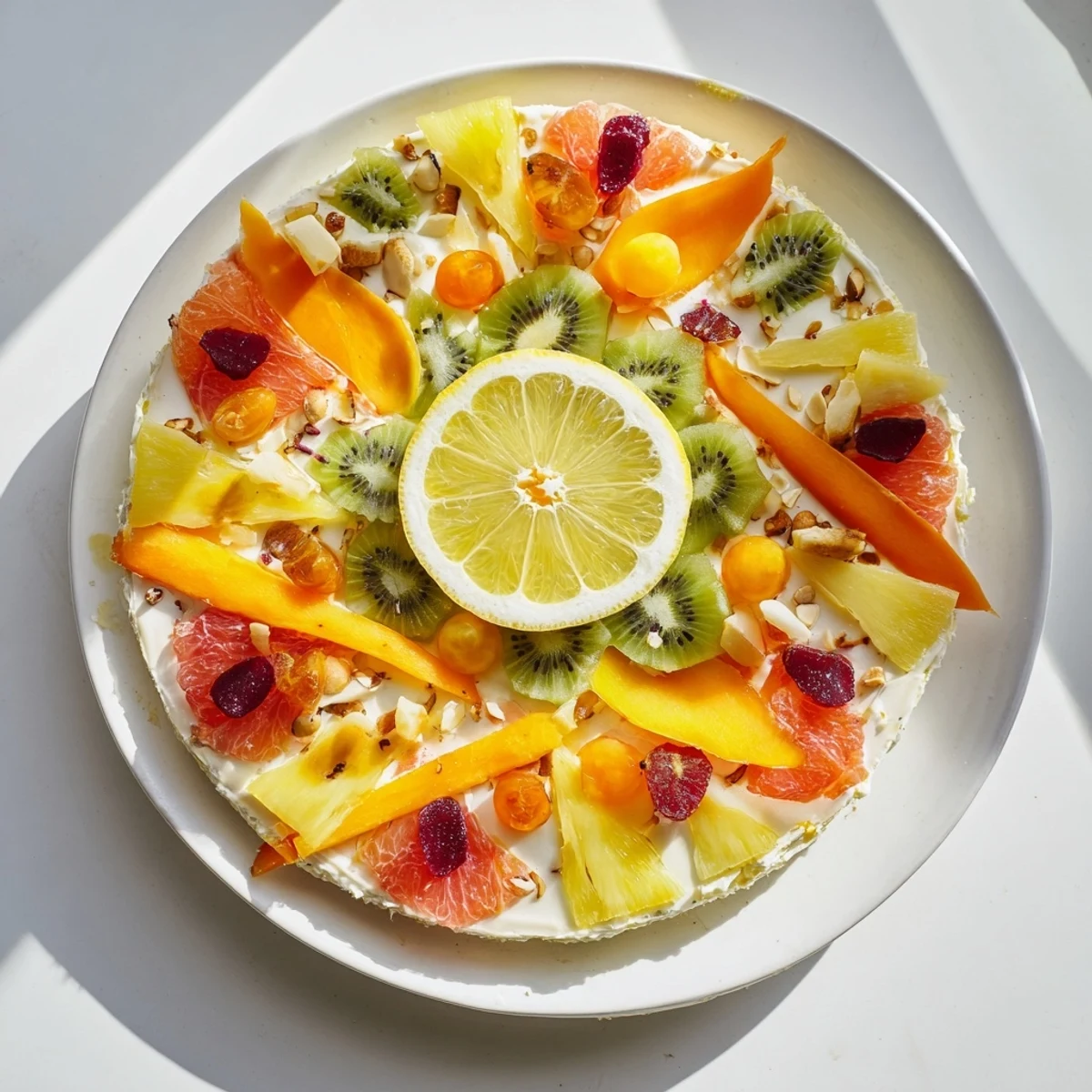 A sunny citrus burst grazing board boasts vibrant yellow fruits and cheeses, ready to serve.