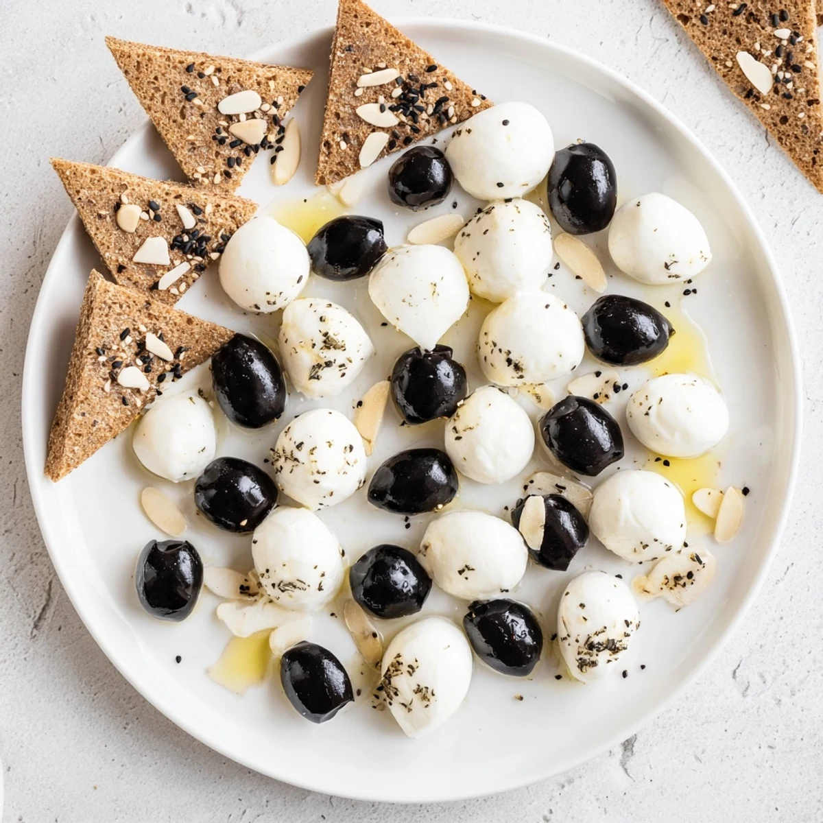 Appealing Black and White Formal Affair appetizer platter: olives, mozzarella, and geometric rye bread shapes.