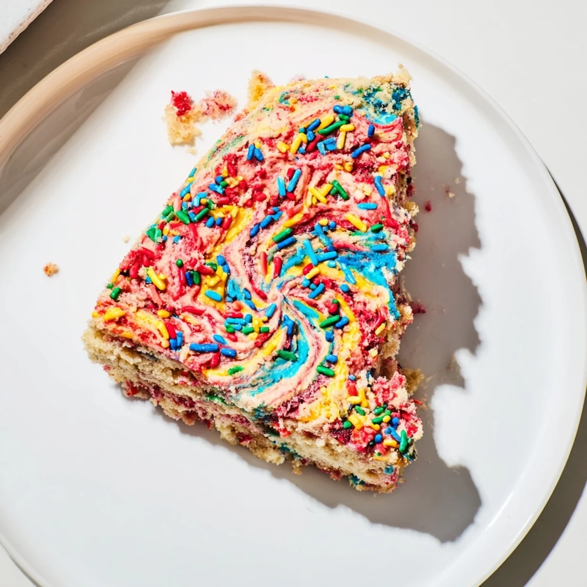 A tall, vibrant Chaotic Funfetti Cake with colorful sprinkles and swirled, chaotic frosting.