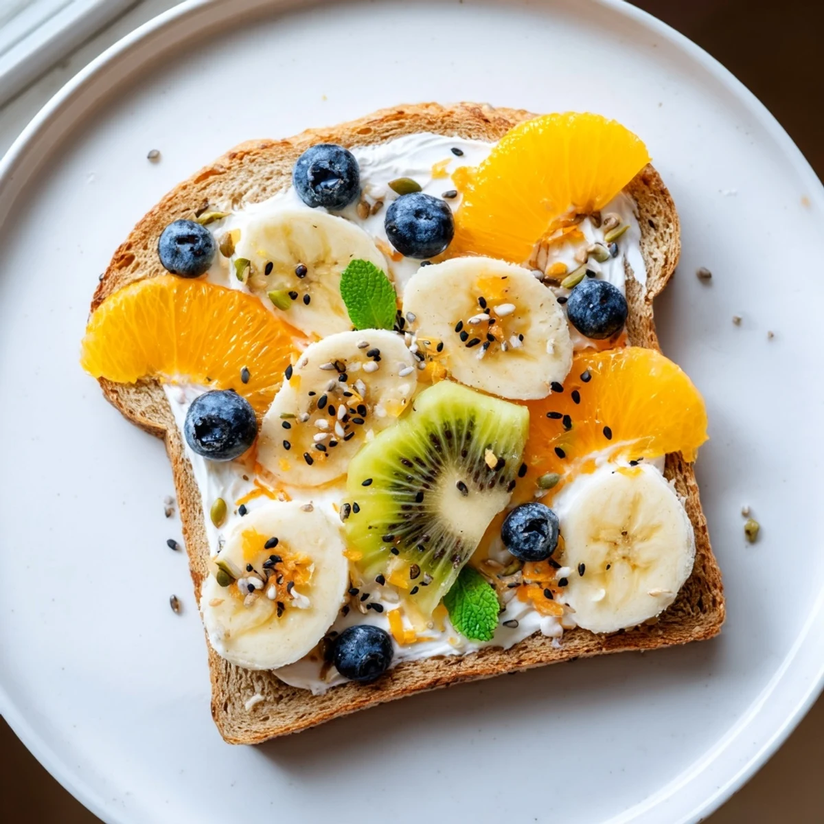 Morning Sun Breakfast Toast Designs with bright fruit arranged on toasted bread for a colorful breakfast.