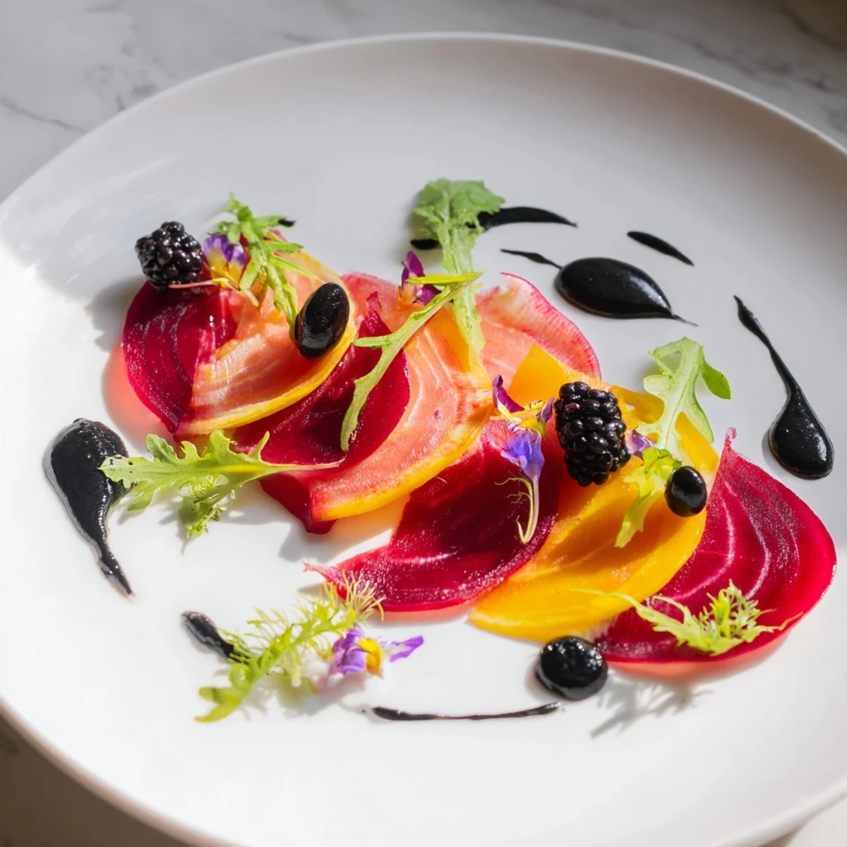 A visually appealing plate of The Shadow Play appetizer, with dark fruits and colorful beets.