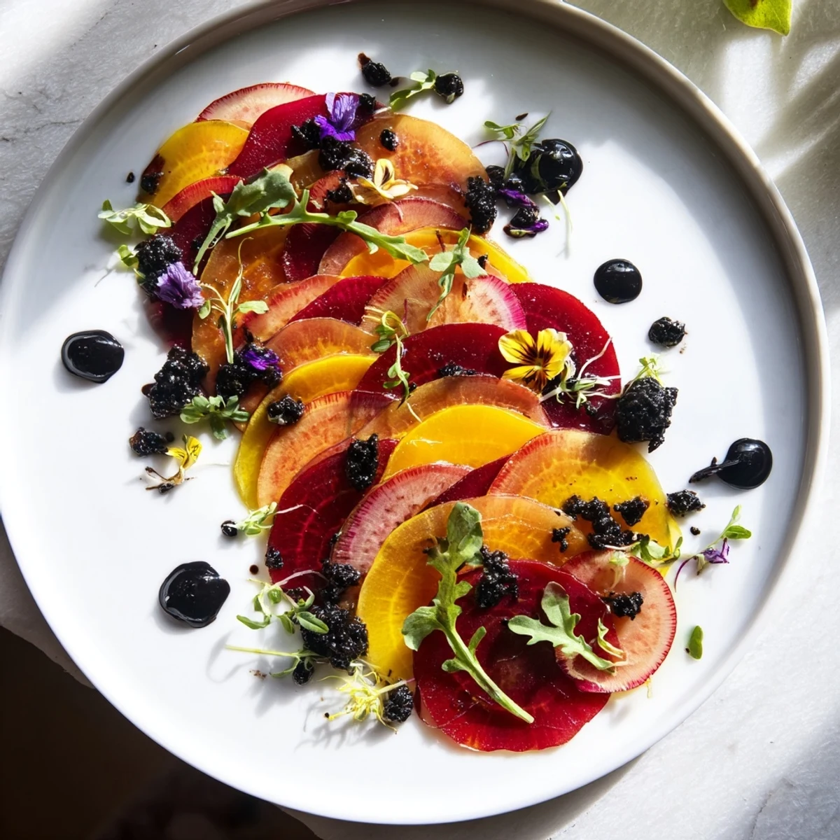The Shadow Play appetizer: A layered, modern salad featuring black tahini and bright beet slices.