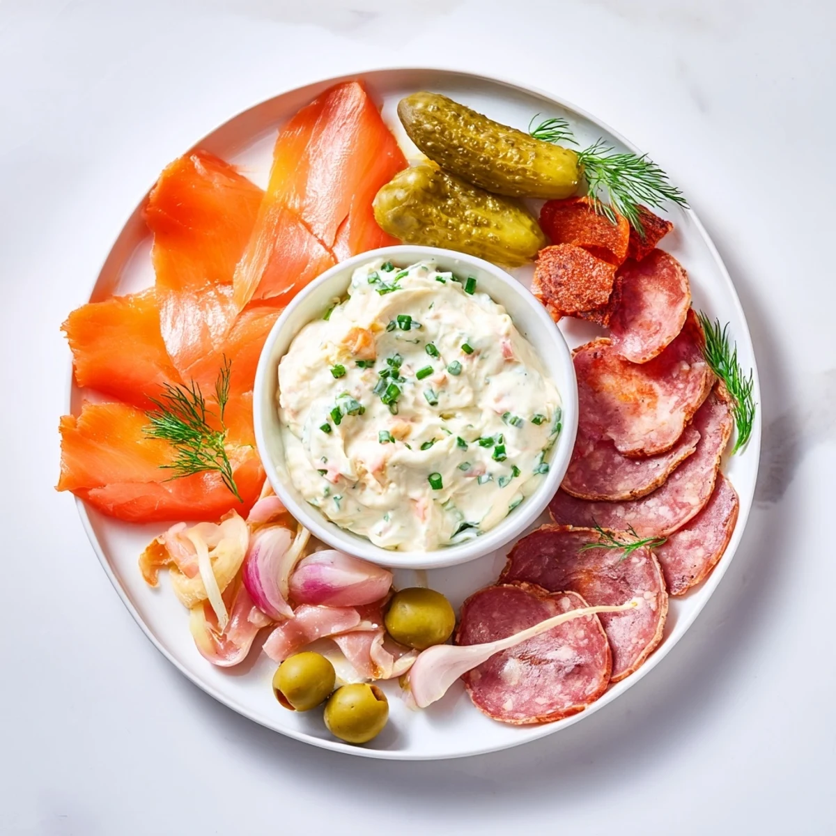This delicious The Compass Rose platter features visually striking meats and pickles with a creamy dip.