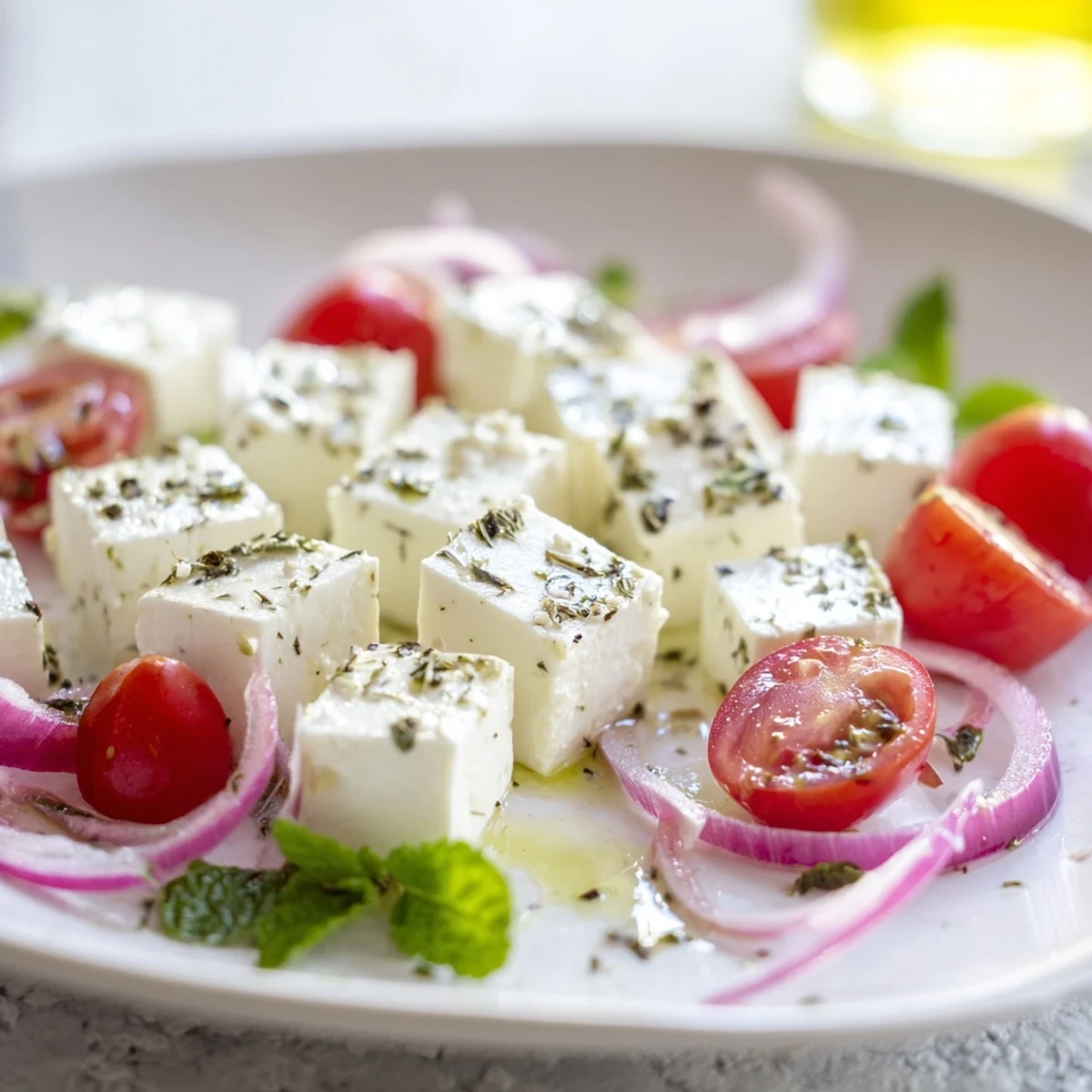A colorful The Sun-Drenched Patio mezze platter with feta, olives and fresh veggies, ready to enjoy.