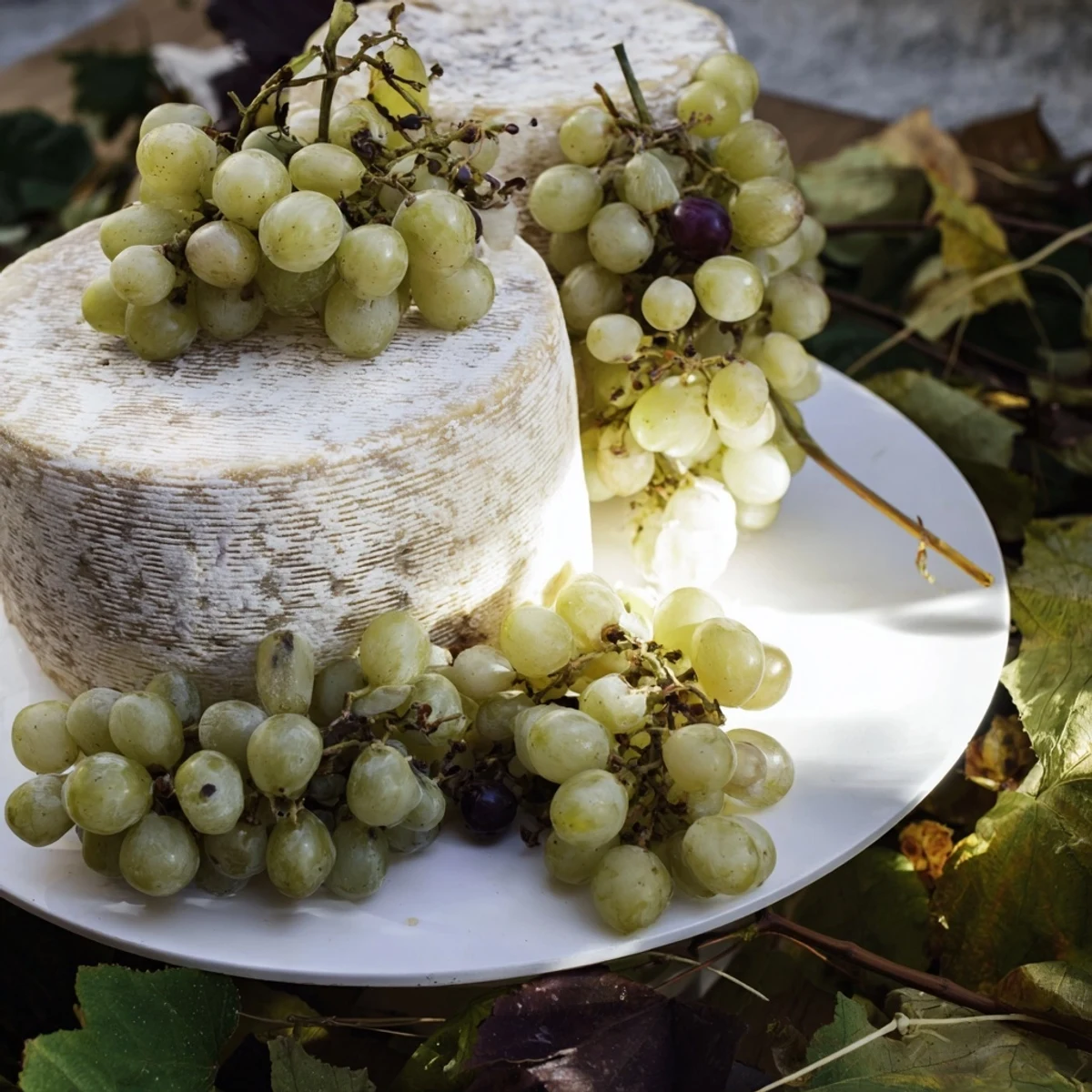 A rustic "The Rustic Vineyard" cheese board with fresh grapes draped among grapevines.