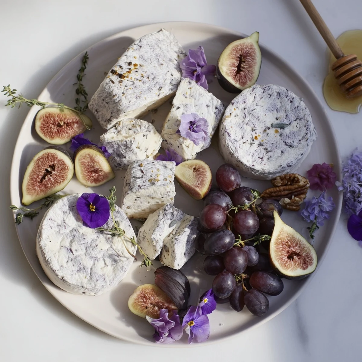 Artful arrangement showcasing The Lavender Haze: a beautiful cheese board perfect for entertaining guests.