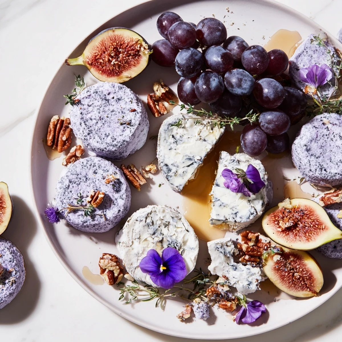 This The Lavender Haze cheese board features creamy brie, candied nuts and fresh, elegant garnishes.