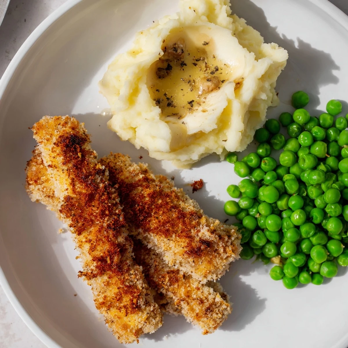 A plate of oven fish sticks, perfectly cooked, next to fluffy mashed potatoes and peas.