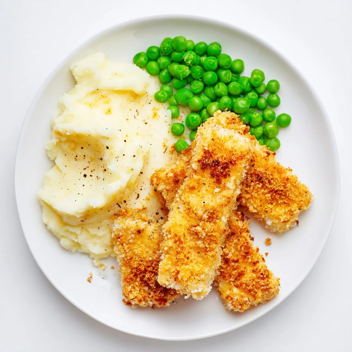Crispy golden oven fish sticks alongside creamy mashed potatoes and vibrant green peas.