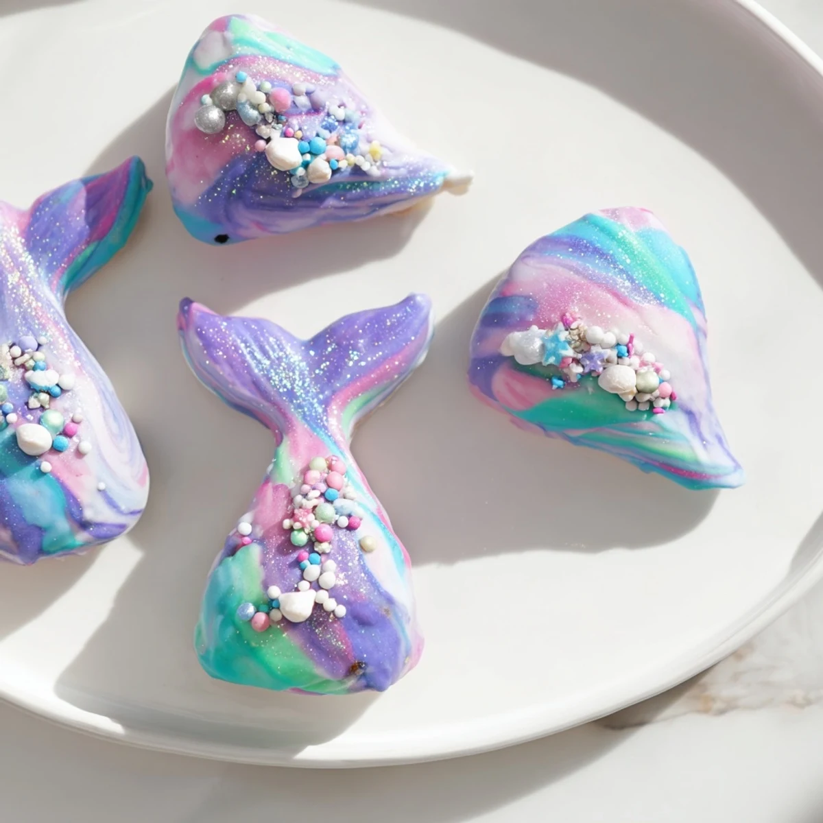 Colorful Mignardises Queue de Sirène, mermaid tail pastries, dipped in white chocolate and shimmering sprinkles.