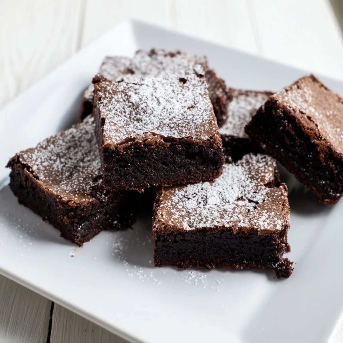Fudgy brownie squares dusted with powdered sugar, ready to be enjoyed as a dessert treat.