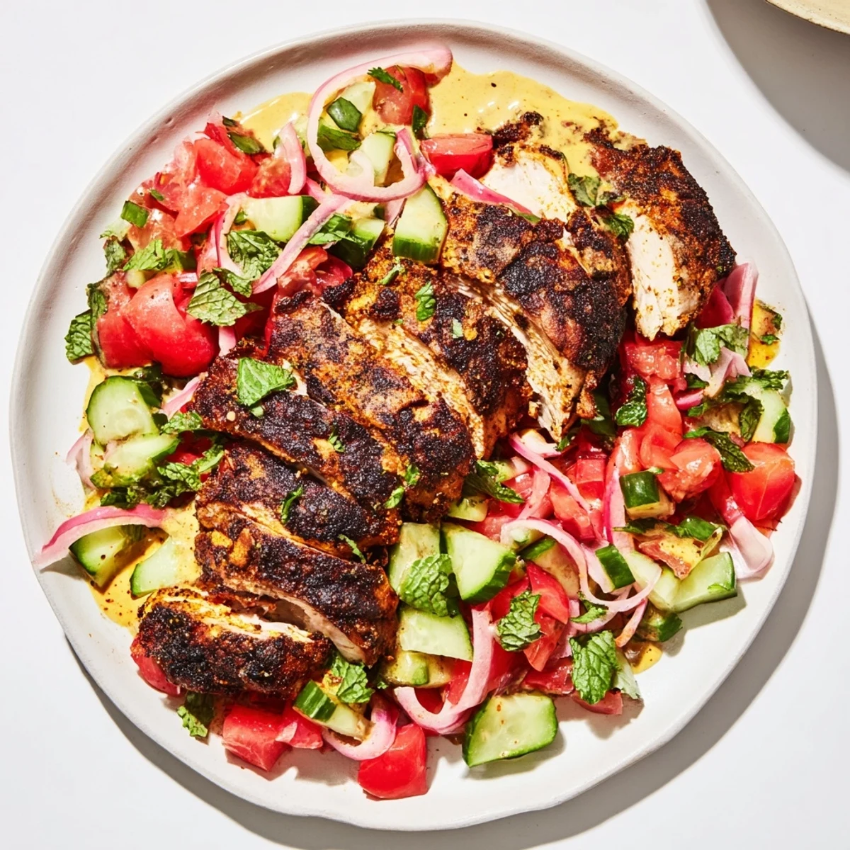Chicken Shawarma Salad with Tahini boasts tender, spiced chicken on a vibrant salad, complete with a flavorful tahini drizzle.
