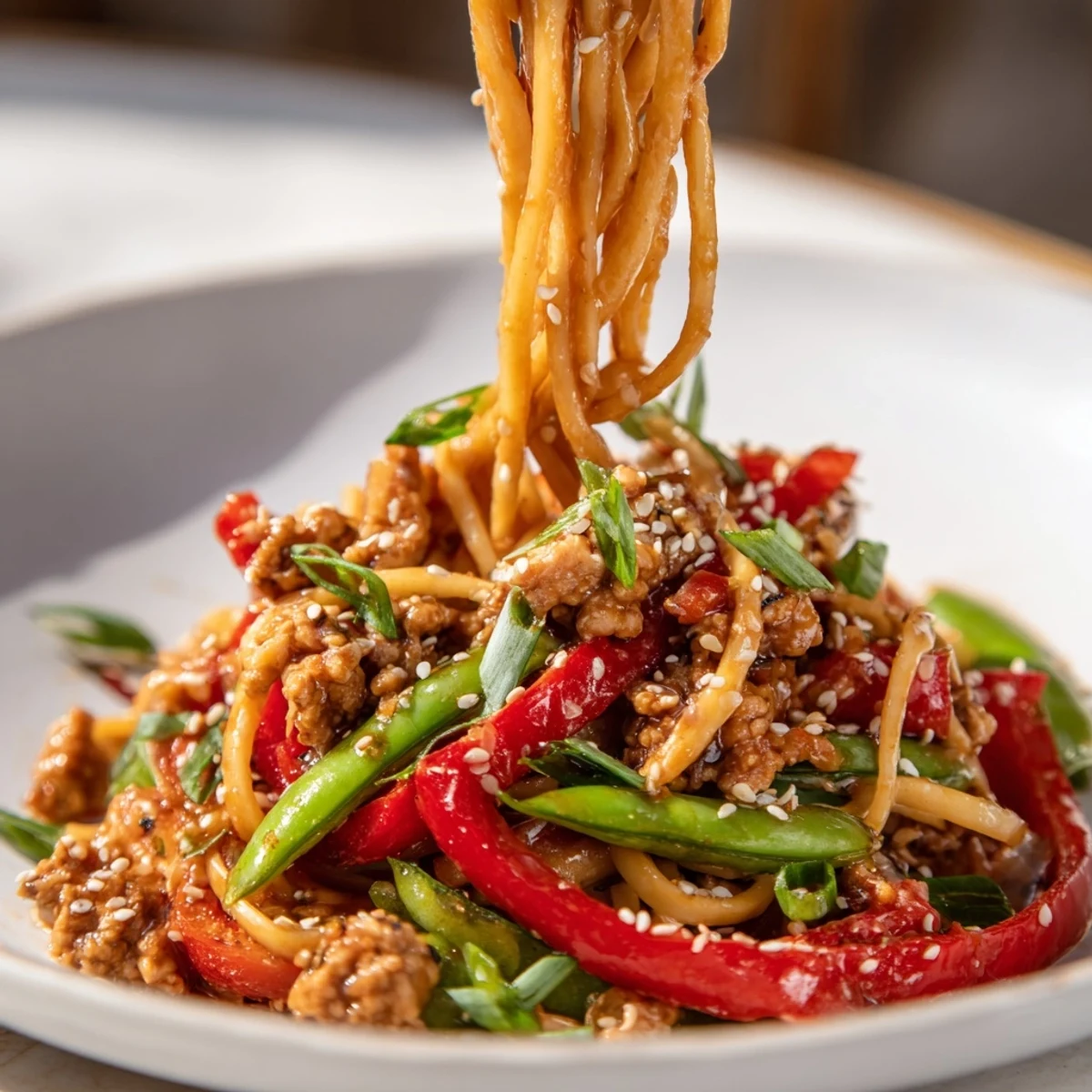 Sesame Hoisin Ground Chicken Pasta, a delicious view of savory noodles and perfectly seasoned chicken.