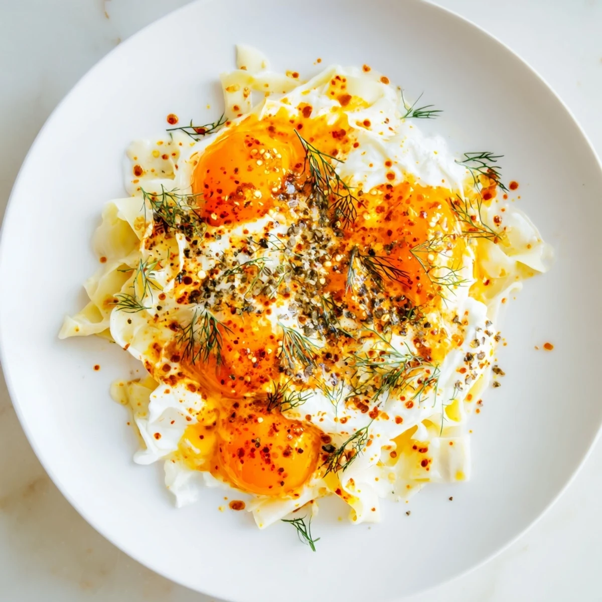 Creamy dollops of garlicky yogurt atop Turkish Pasta with a dusting of fresh herbs.
