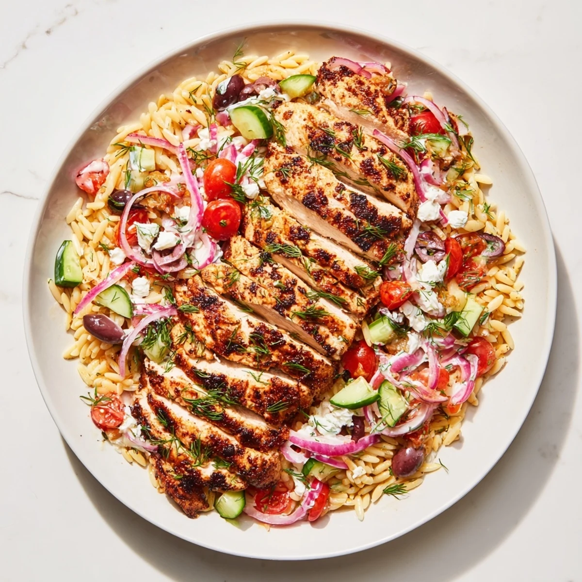 Tender Greek Chicken Gyro Pasta Bowls with fresh herbs and a creamy feta sauce.