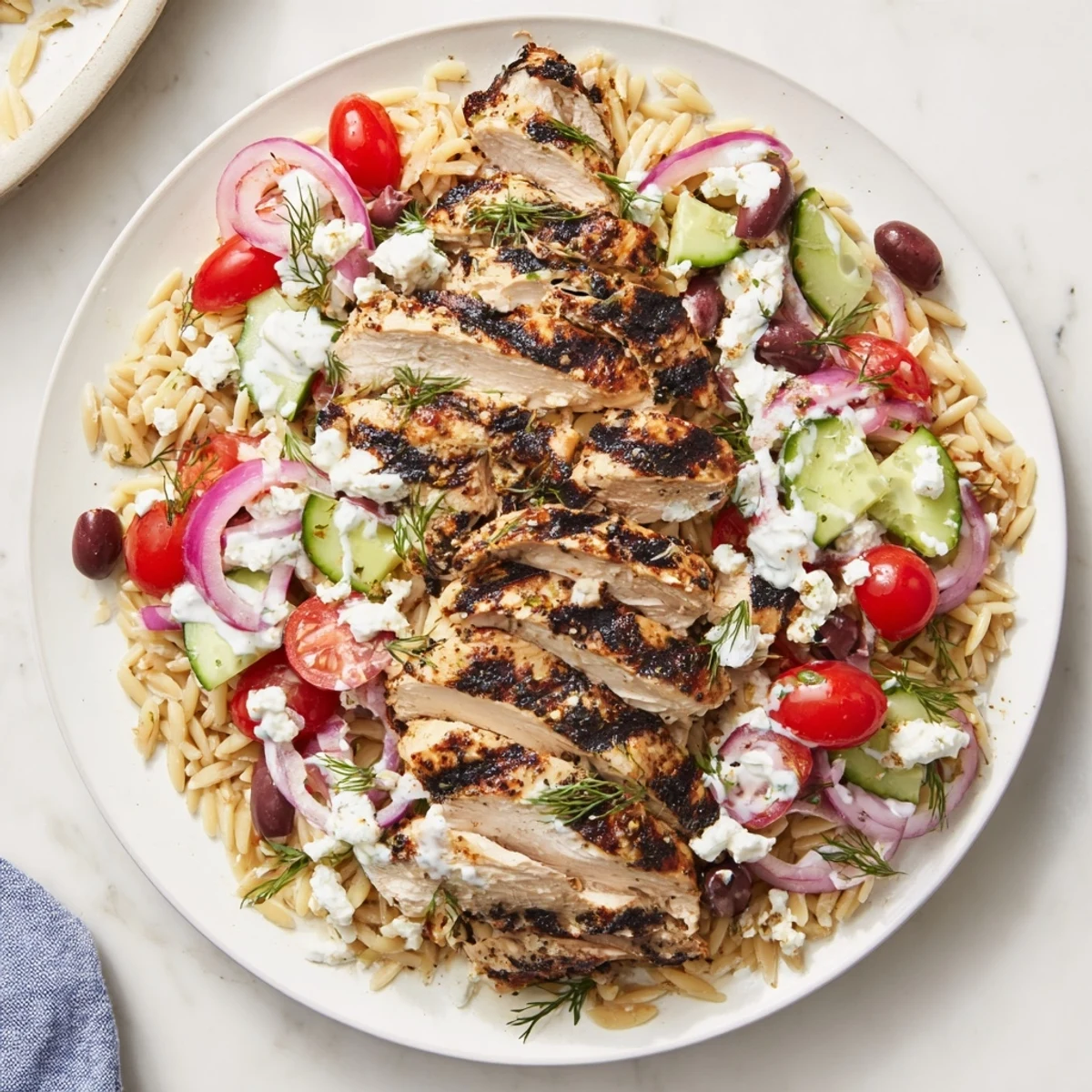 Close-up of a Greek Chicken Gyro Pasta Bowls, showing grilled chicken and orzo pasta.