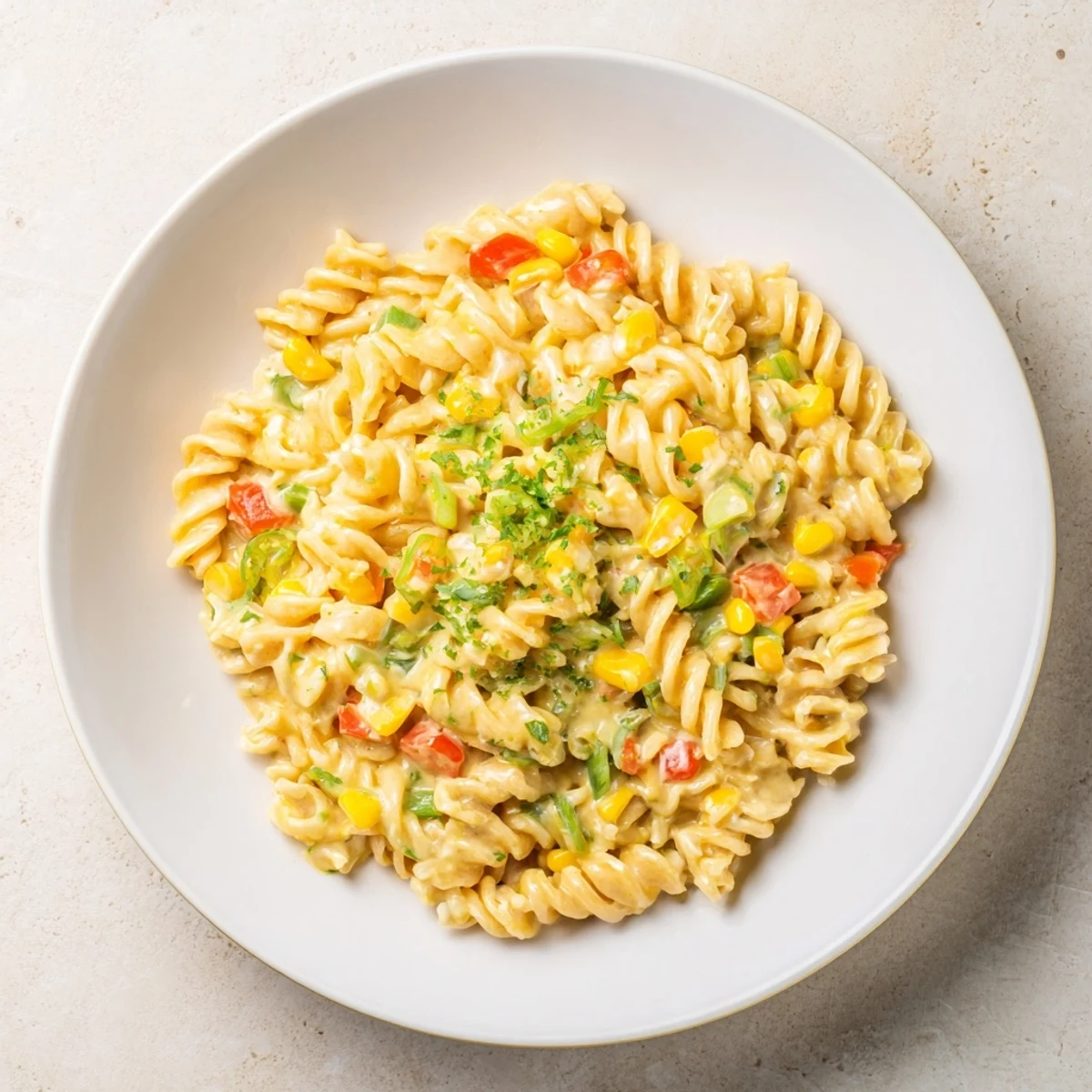 One-Pot Mexican Street Corn Pasta, a vibrant, creamy dish, garnished with fresh cilantro and lime wedges.