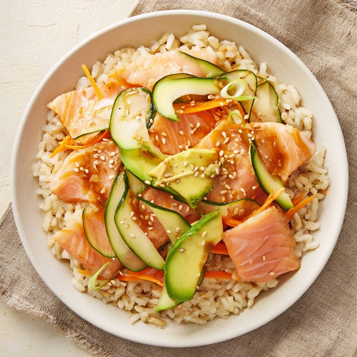Japanese-Style Salmon & Chicken Rice Bowl with flaked salmon and sliced chicken, a savory meal.