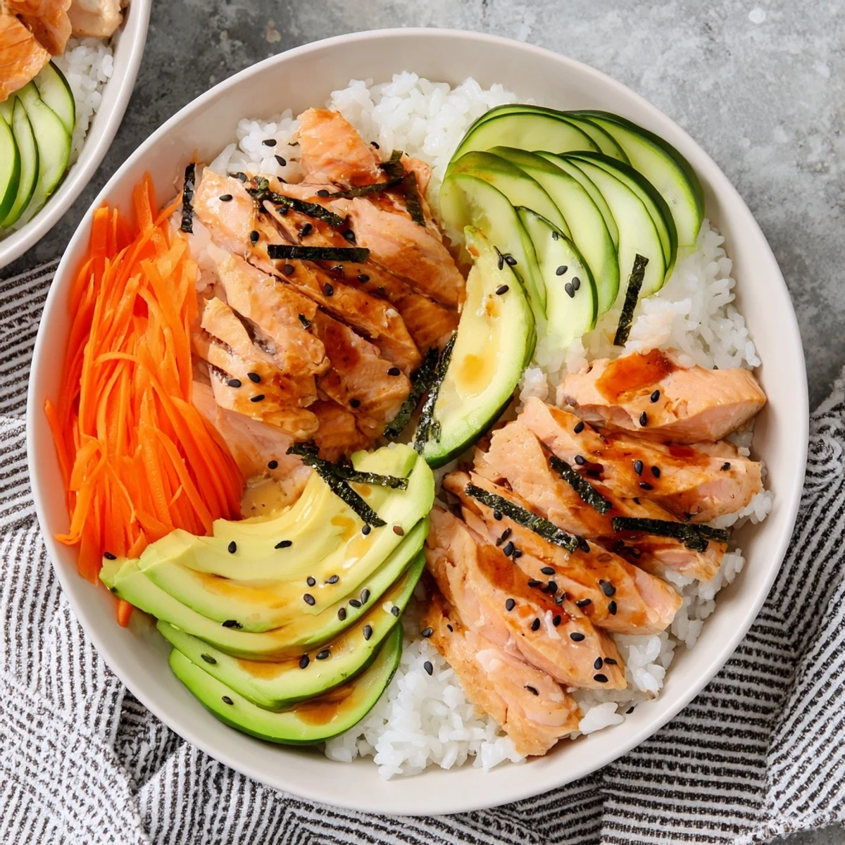Vibrant Japanese-Style Salmon & Chicken Rice Bowl, showcasing avocado, carrots, and a delicious sauce drizzle.
