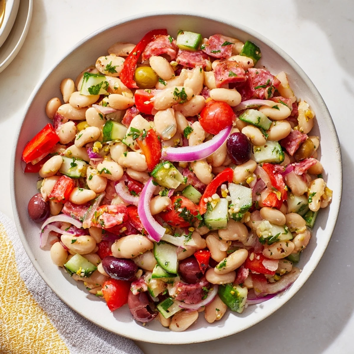 A colorful Mediterranean Dense Bean Salad with salami, ready to serve with fresh herbs and a vibrant dressing.