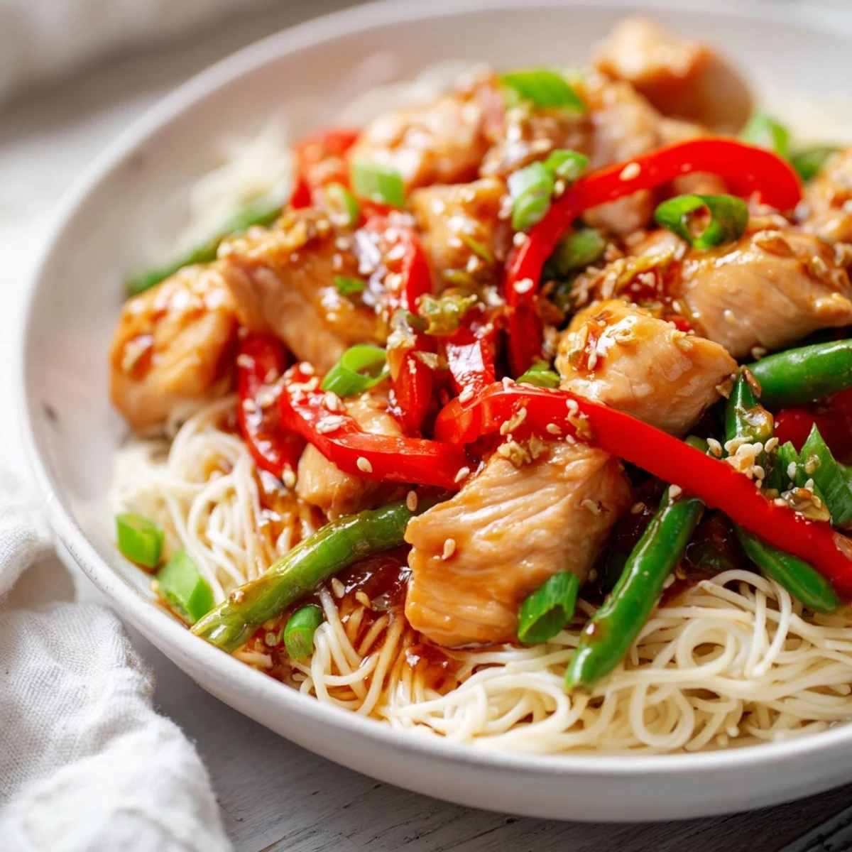 Tender Mongolian Chicken with rice noodles, glistening with sauce, ready to be enjoyed.