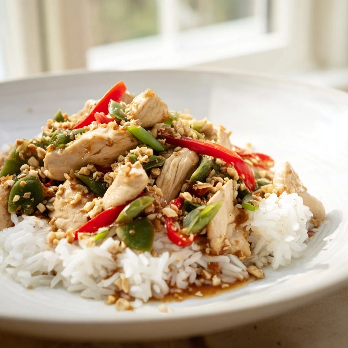 A steaming bowl of colorful Mongolian Chicken and rice noodles, offering a symphony of textures.